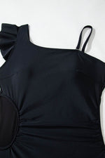 Load image into Gallery viewer, Black Asymmetric Ruffle Shoulder Pleated One Piece Swimsuit - Fashion Queen - 12