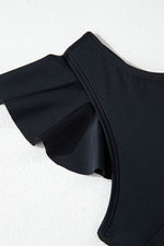 Load image into Gallery viewer, Black Asymmetric Ruffle Shoulder Pleated One Piece Swimsuit - Fashion Queen - 16
