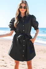 Load image into Gallery viewer, Black Button Up Tie Waist Puff Sleeve Mini Dress - Fashion Queen - 16