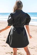 Load image into Gallery viewer, Black Button Up Tie Waist Puff Sleeve Mini Dress - Fashion Queen - 17