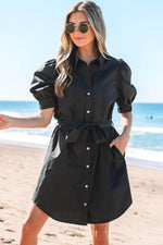 Load image into Gallery viewer, Black Button Up Tie Waist Puff Sleeve Mini Dress - Fashion Queen - 19