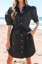 Load image into Gallery viewer, Black Button Up Tie Waist Puff Sleeve Mini Dress - Fashion Queen - 21