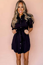 Load image into Gallery viewer, Black Button Up Tie Waist Puff Sleeve Mini Dress - Fashion Queen - 3