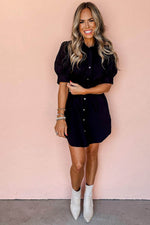 Load image into Gallery viewer, Black Button Up Tie Waist Puff Sleeve Mini Dress - Fashion Queen - 4