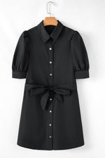 Load image into Gallery viewer, Black Button Up Tie Waist Puff Sleeve Mini Dress - Fashion Queen - 6
