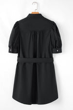 Load image into Gallery viewer, Black Button Up Tie Waist Puff Sleeve Mini Dress - Fashion Queen - 7