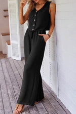Load image into Gallery viewer, Black Buttoned Vest Drawstring Wide Leg Pants 2pcs Set - Fashion Queen - 1