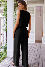 Load image into Gallery viewer, Black Buttoned Vest Drawstring Wide Leg Pants 2pcs Set - Fashion Queen - 2