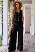 Load image into Gallery viewer, Black Buttoned Vest Drawstring Wide Leg Pants 2pcs Set - Fashion Queen - 4