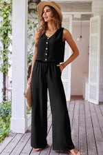 Load image into Gallery viewer, Black Buttoned Vest Drawstring Wide Leg Pants 2pcs Set - Fashion Queen - 5