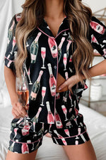 Load image into Gallery viewer, Black Champagne Print Silky Short Sleeve Pajamas Set - Fashion Queen - 1