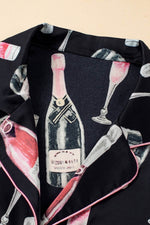 Load image into Gallery viewer, Black Champagne Print Silky Short Sleeve Pajamas Set - Fashion Queen - 12