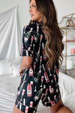 Load image into Gallery viewer, Black Champagne Print Silky Short Sleeve Pajamas Set - Fashion Queen - 2