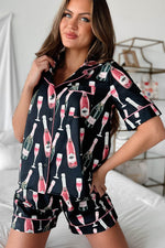 Load image into Gallery viewer, Black Champagne Print Silky Short Sleeve Pajamas Set - Fashion Queen - 4