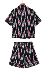 Load image into Gallery viewer, Black Champagne Print Silky Short Sleeve Pajamas Set - Fashion Queen - 6