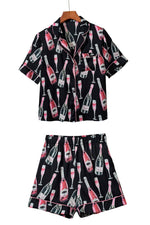 Load image into Gallery viewer, Black Champagne Print Silky Short Sleeve Pajamas Set - Fashion Queen - 7