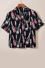 Load image into Gallery viewer, Black Champagne Print Silky Short Sleeve Pajamas Set - Fashion Queen - 8