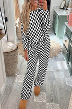 Load image into Gallery viewer, Black Checkered Print Long Sleeve Top and Pants Lounge Set - Fashion Queen - 1