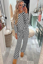 Load image into Gallery viewer, Black Checkered Print Long Sleeve Top and Pants Lounge Set - Fashion Queen - 2