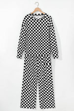 Load image into Gallery viewer, Black Checkered Print Long Sleeve Top and Pants Lounge Set - Fashion Queen - 3