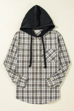Load image into Gallery viewer, Black Checkered Print Loose Fit Buttoned Hooded Shacket - Fashion Queen - 13
