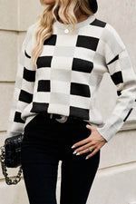 Load image into Gallery viewer, Black Checkered Ribbed Edge O Neck Drop Shoulder Sweater - Fashion Queen - 3