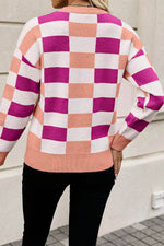 Load image into Gallery viewer, Black Checkered Ribbed Edge O Neck Drop Shoulder Sweater - Fashion Queen - 5
