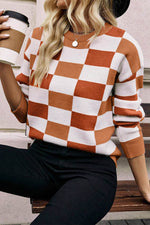 Load image into Gallery viewer, Black Checkered Ribbed Edge O Neck Drop Shoulder Sweater - Fashion Queen - 7