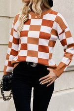 Load image into Gallery viewer, Black Checkered Ribbed Edge O Neck Drop Shoulder Sweater - Fashion Queen - 9
