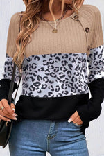 Load image into Gallery viewer, Black Cheetah Textured Patchwork Buttoned Round Neck T Shirt - Fashion Queen - 1
