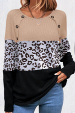 Load image into Gallery viewer, Black Cheetah Textured Patchwork Buttoned Round Neck T Shirt - Fashion Queen - 2