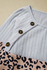 Load image into Gallery viewer, Black Cheetah Textured Patchwork Buttoned Round Neck T Shirt - Fashion Queen - 26