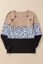 Load image into Gallery viewer, Black Cheetah Textured Patchwork Buttoned Round Neck T Shirt - Fashion Queen - 3