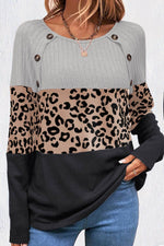 Load image into Gallery viewer, Black Cheetah Textured Patchwork Buttoned Round Neck T Shirt - Fashion Queen - 7
