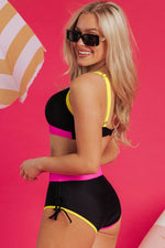 Load image into Gallery viewer, Black Color Block Drawstring Side V Neck High Waist Bikini Set - Fashion Queen - 3