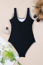 Load image into Gallery viewer, Black Color Block Ric Rac Trim U Neck One Piece Swimsuit - Fashion Queen - 11