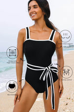 Load image into Gallery viewer, Black Colorblock Edge Belted One Piece Swimsuit - Fashion Queen - 1
