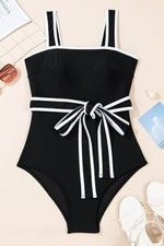 Load image into Gallery viewer, Black Colorblock Edge Belted One Piece Swimsuit - Fashion Queen - 10