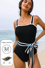 Load image into Gallery viewer, Black Colorblock Edge Belted One Piece Swimsuit - Fashion Queen - 2