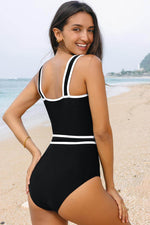 Load image into Gallery viewer, Black Colorblock Edge Belted One Piece Swimsuit - Fashion Queen - 3