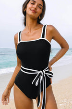 Load image into Gallery viewer, Black Colorblock Edge Belted One Piece Swimsuit - Fashion Queen - 4