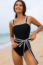 Load image into Gallery viewer, Black Colorblock Edge Belted One Piece Swimsuit - Fashion Queen - 6