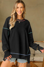 Load image into Gallery viewer, Black Contrast Stitching Split Baggy Sweatshirt - Fashion Queen - 1