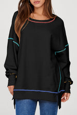 Load image into Gallery viewer, Black Contrast Stitching Split Baggy Sweatshirt - Fashion Queen - 10
