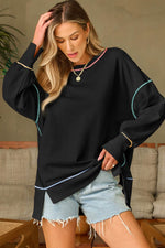 Load image into Gallery viewer, Black Contrast Stitching Split Baggy Sweatshirt - Fashion Queen - 2