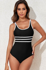 Load image into Gallery viewer, Black Contrast Trim Colorblock U Neck One Piece Swimwear - Fashion Queen - 1
