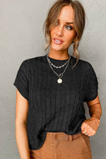 Load image into Gallery viewer, Black Crew Neck Cable Knit Short Sleeve Sweater - Fashion Queen - 11