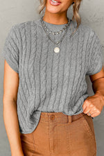 Load image into Gallery viewer, Black Crew Neck Cable Knit Short Sleeve Sweater - Fashion Queen - 4