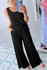 Load image into Gallery viewer, Black Crinkled U Neck Tank Top and Wide Leg Pants Set - Fashion Queen - 1