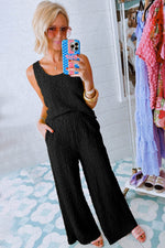 Load image into Gallery viewer, Black Crinkled U Neck Tank Top and Wide Leg Pants Set - Fashion Queen - 5